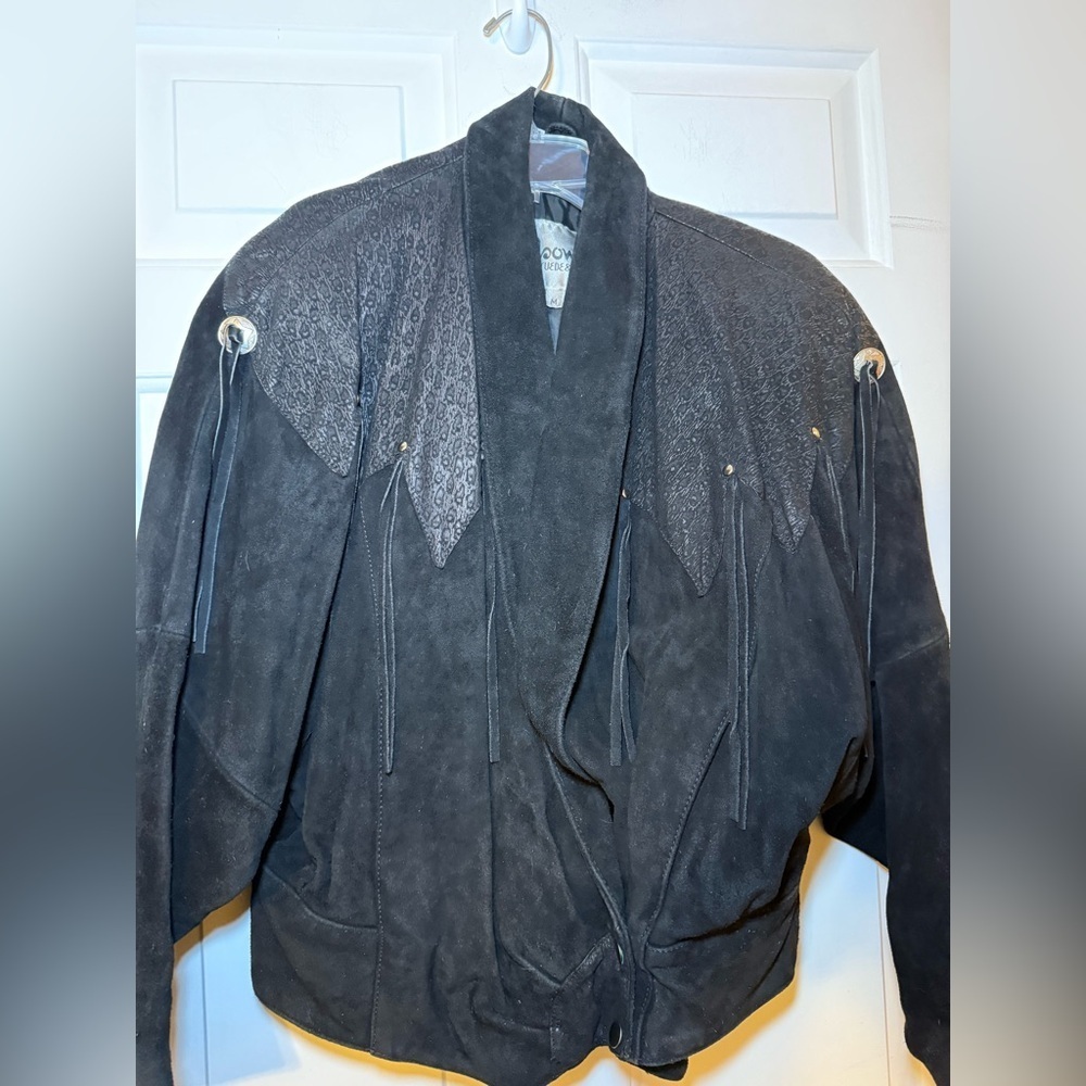 Wilson Leather Black Suede Cropped Western Jacket Embossed Vintage Fringe Medium